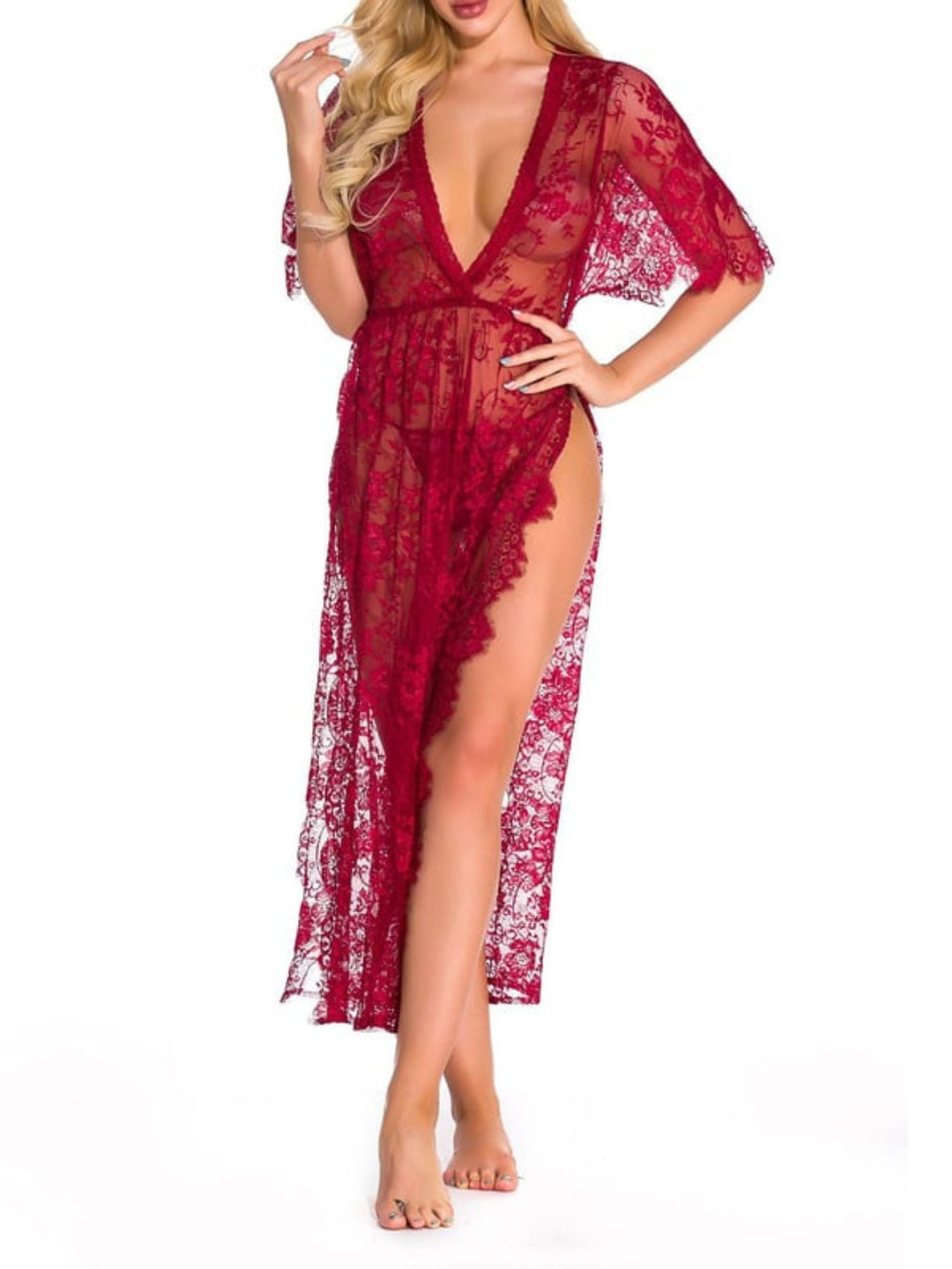 Pyjama Sexy en Polyester à Manches Mi-Longues et Dentelle pour Fête de Mariage