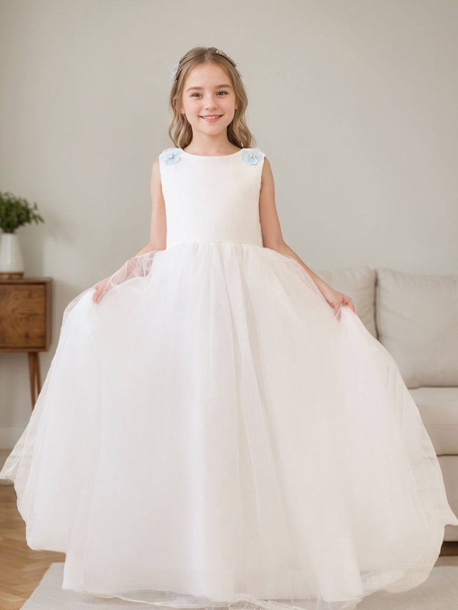 Robe de Bal/Princesse en Tulle à Fleurs 3D, Longueur Au Sol, Couleur Ivoire, pour Demoiselle D'Honneur