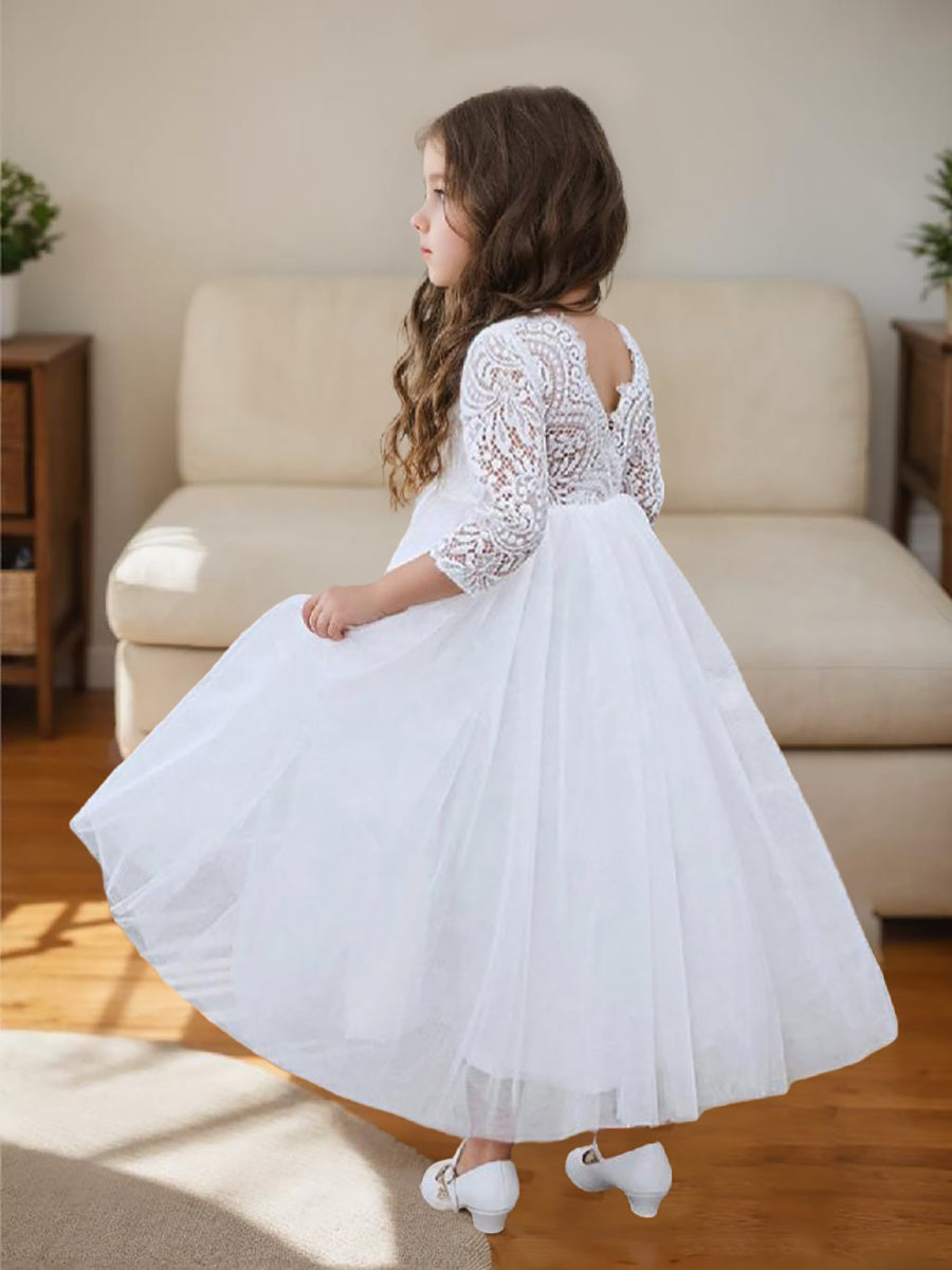 Robe de Demoiselle D'Honneur en Tulle avec Tutu en Dentelle et Dos Pivoine pour Fille
