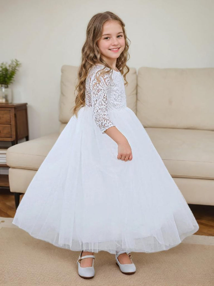 Robe de Demoiselle D'Honneur en Tulle avec Tutu en Dentelle et Dos Pivoine pour Fille