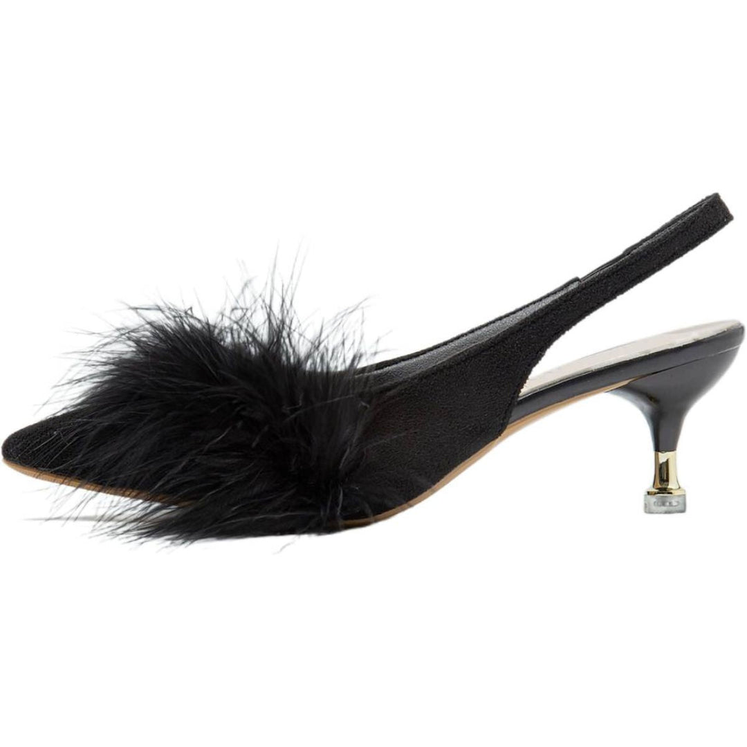 Chaussures de Mariage pour Femmes, Chaussures de Mariée Noires à Bout Pointu et à Talon Bas avec Boucle et Plumes