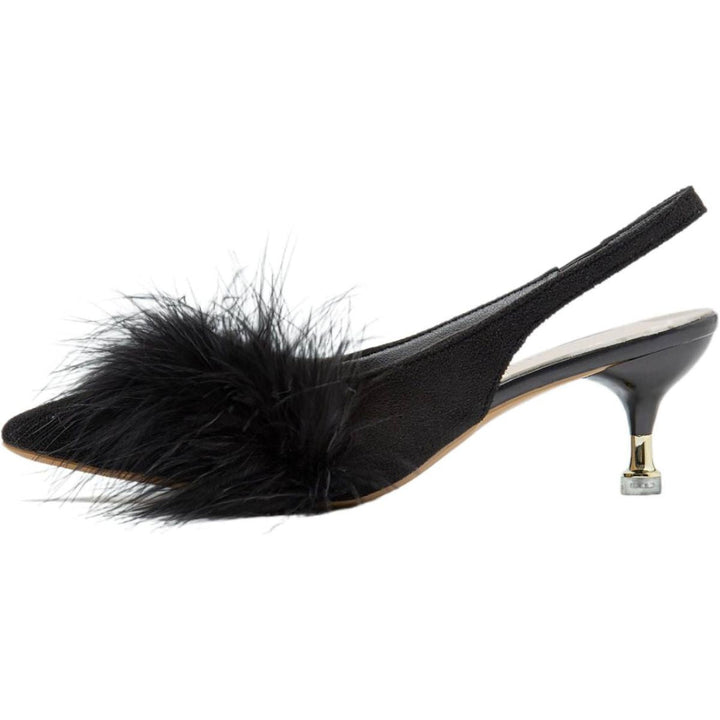 Chaussures de Mariage pour Femmes, Chaussures de Mariée Noires à Bout Pointu et à Talon Bas avec Boucle et Plumes