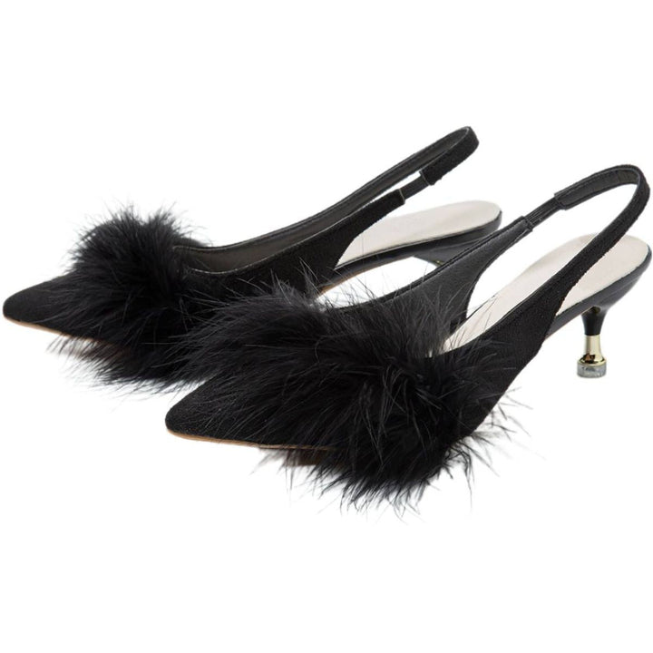 Chaussures de Mariage pour Femmes, Chaussures de Mariée Noires à Bout Pointu et à Talon Bas avec Boucle et Plumes