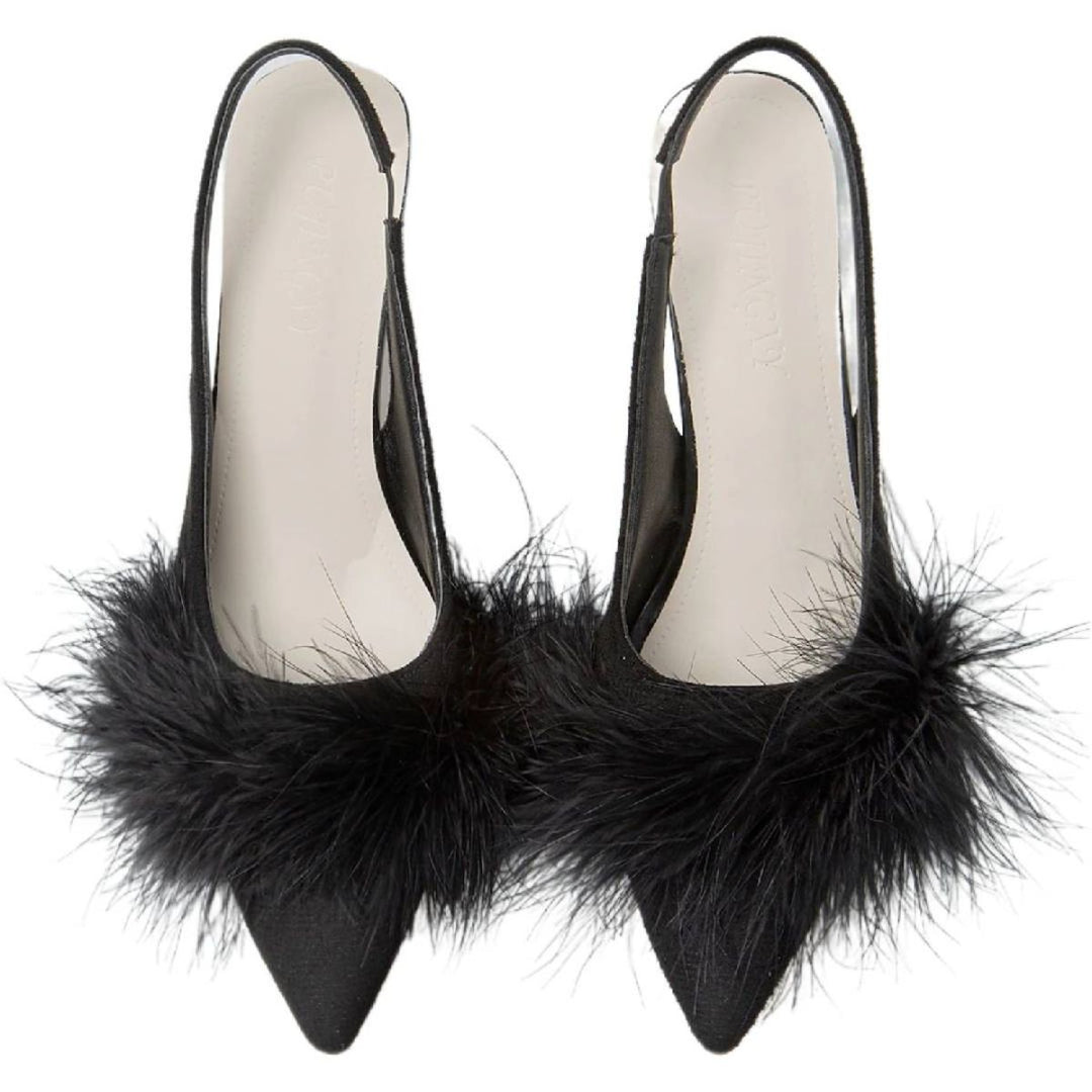 Chaussures de Mariage pour Femmes, Chaussures de Mariée Noires à Bout Pointu et à Talon Bas avec Boucle et Plumes