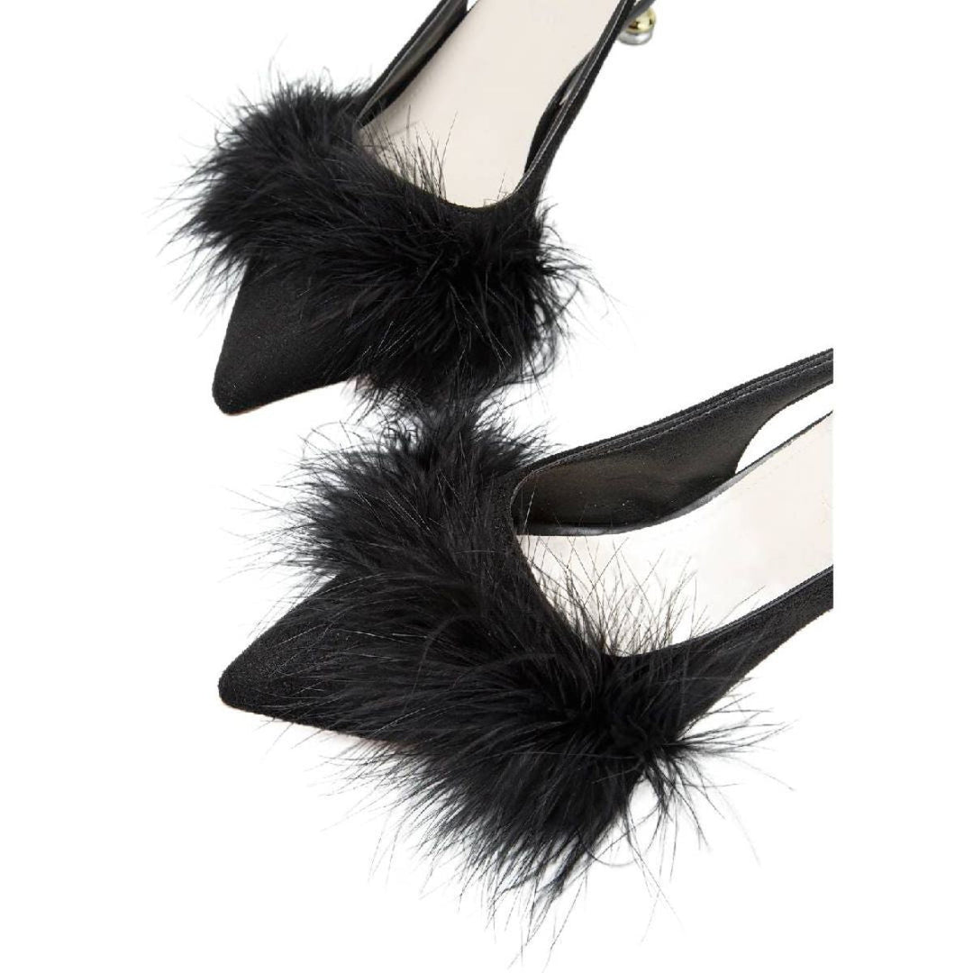 Chaussures de Mariage pour Femmes, Chaussures de Mariée Noires à Bout Pointu et à Talon Bas avec Boucle et Plumes