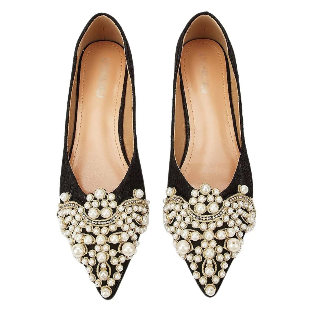 Chaussures de Mariage pour Femmes, Chaussures de Mariée Noires à Bout Pointu, en Dentelle, à Talon Plat et avec Perles