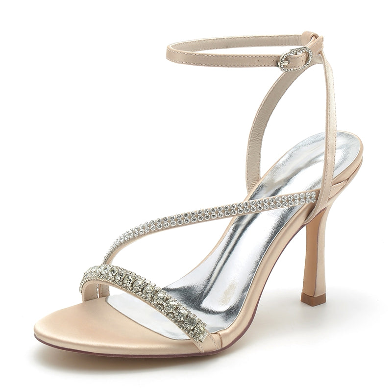Chaussures de mariage femme bout ouvert talon aiguille, cheville boucle élégante, imitation strass