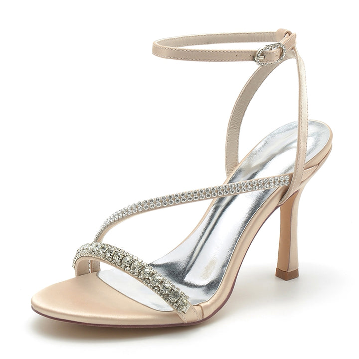 Chaussures de mariage femme bout ouvert talon aiguille, cheville boucle élégante, imitation strass