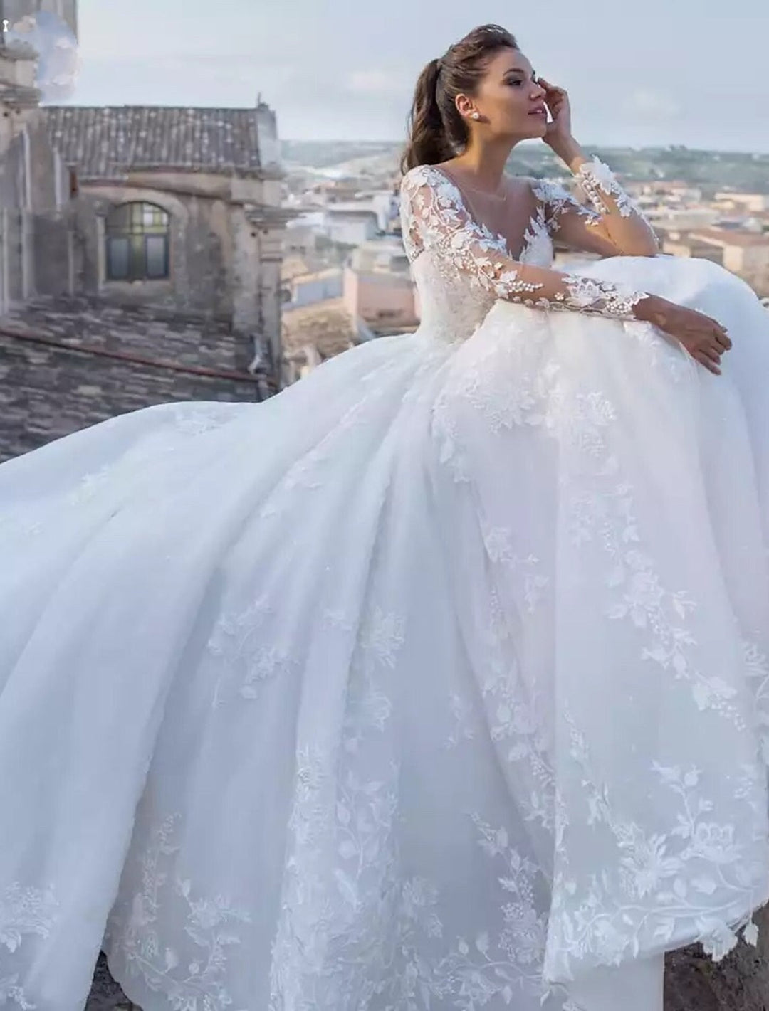 Robe de Mariée Col en V Longueur Sol Robe de Mariée en Dentelle