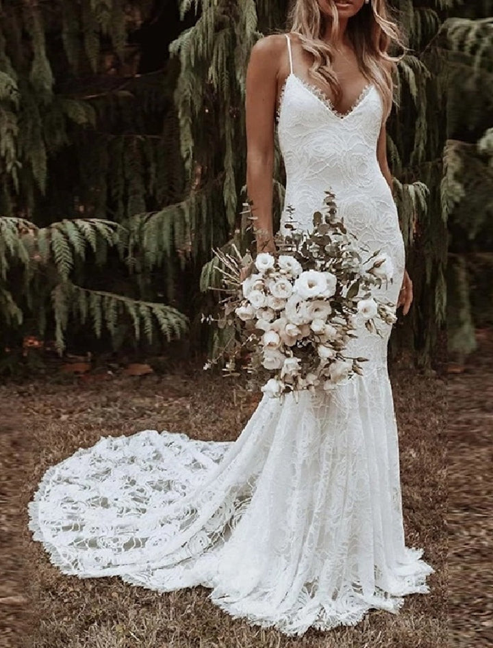 Trompette/Sirène Bretelles Spaghetti Longueur Sol Robe de Mariée en Dentelle