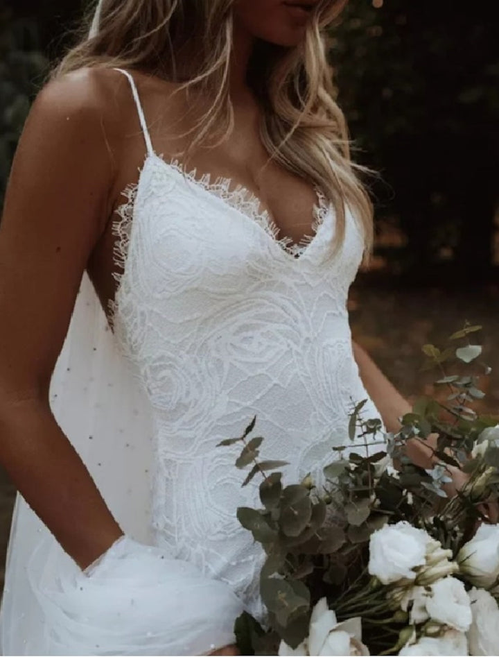 Trompette/Sirène Bretelles Spaghetti Longueur Sol Robe de Mariée en Dentelle