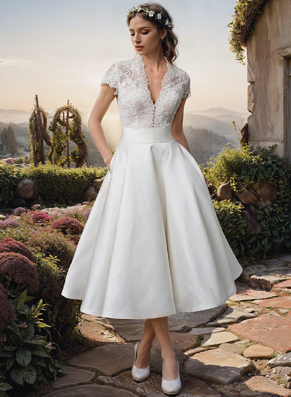 Robe de bal Col en V Longueur mollet DentelleRobe de Mariée