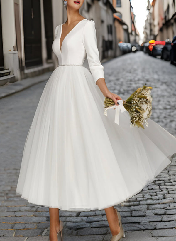 Forme Princesse Col en V Longueur mollet Robe de mariée