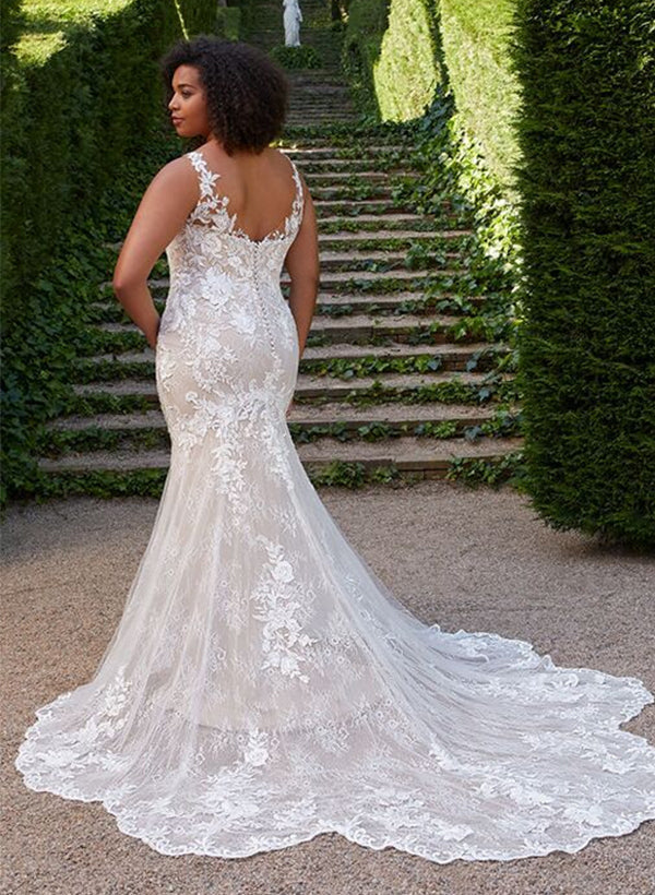 Trompette/Sirène Col en V Robe de Mariée en DentelleGrande Taille avec Appliqué