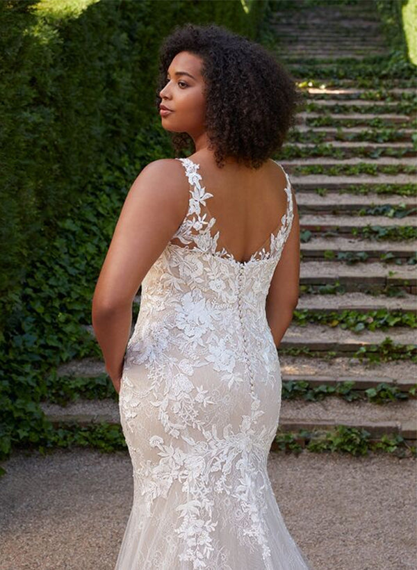 Trompette/Sirène Col en V Robe de Mariée en DentelleGrande Taille avec Appliqué