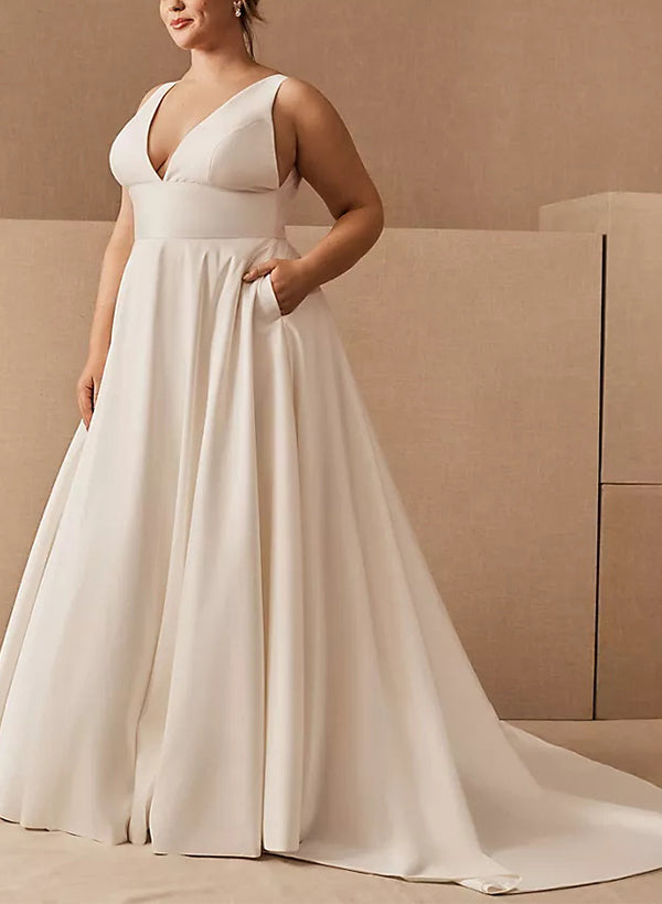 Forme Princesse Col en V Robe de mariée grande taille avec poches