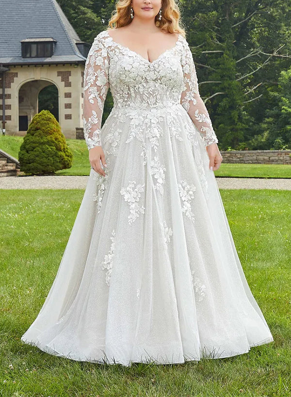 Forme Princesse Col en V Manches Longues Grande Taille Robe de Mariée en Dentelleavec Appliqué