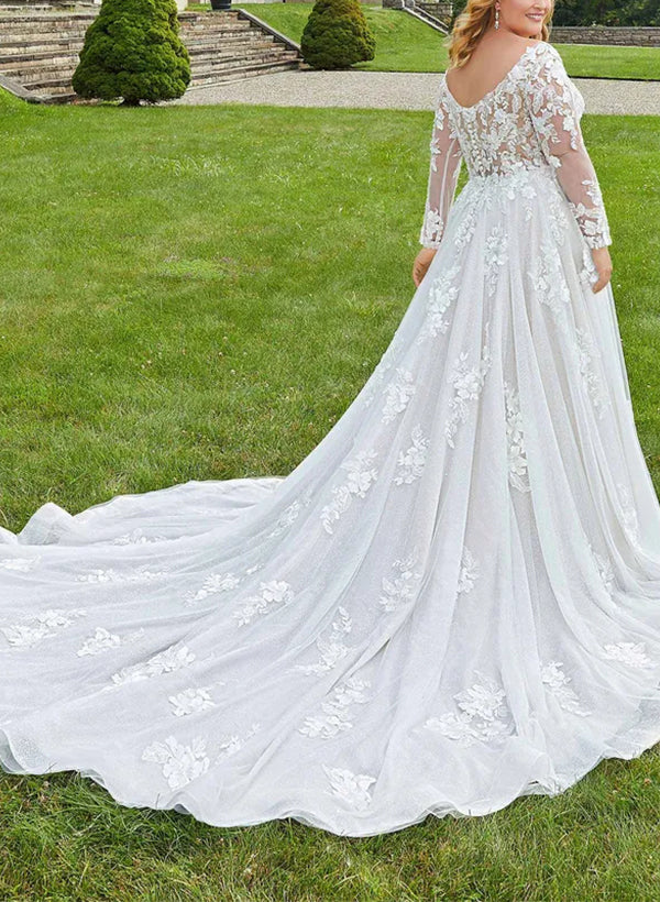 Forme Princesse Col en V Manches Longues Grande Taille Robe de Mariée en Dentelleavec Appliqué