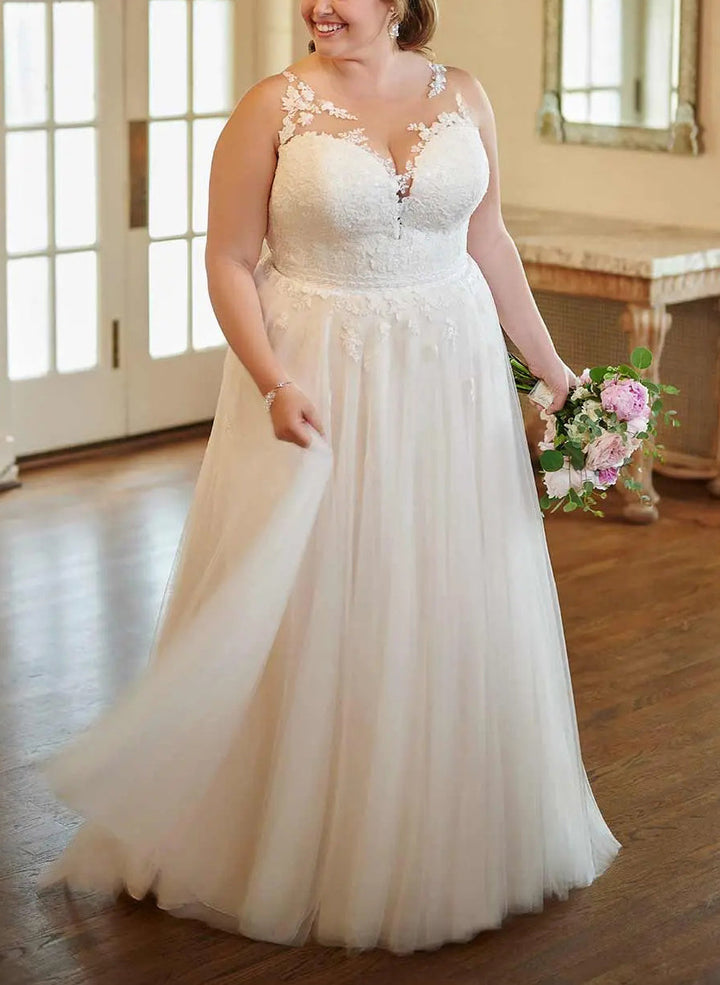 Forme Princesse Col en V Robe de Mariée Grande Taille en Dentelleavec Appliqué