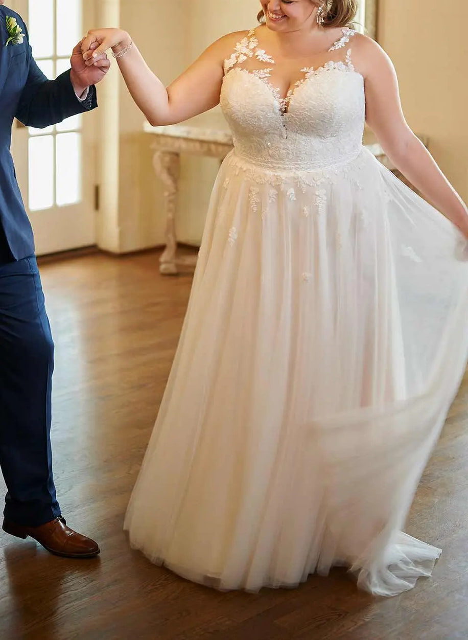 Forme Princesse Col en V Robe de Mariée Grande Taille en Dentelleavec Appliqué