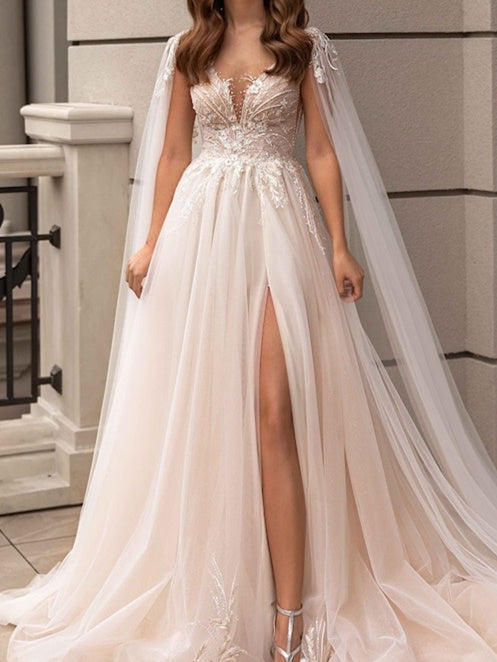 Robe de Mariée Trapèze/Princesse à Col en V et Longueur Au Sol avec Fente Sur le Côté