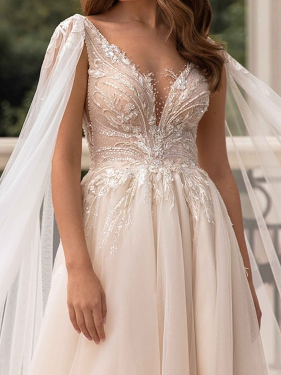 Robe de Mariée Trapèze/Princesse à Col en V et Longueur Au Sol avec Fente Sur le Côté