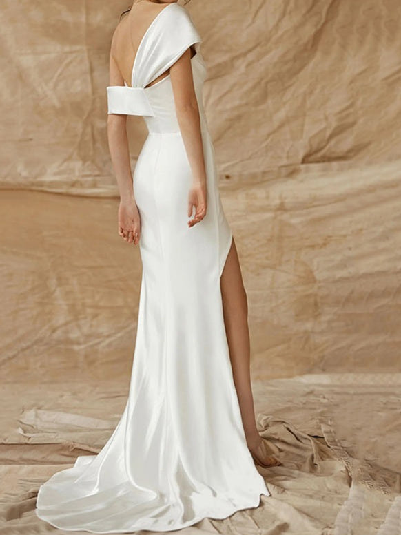 Robe de Mariée Fourreau/Colonne en Satin de Soie à Une Épaule avec Fente