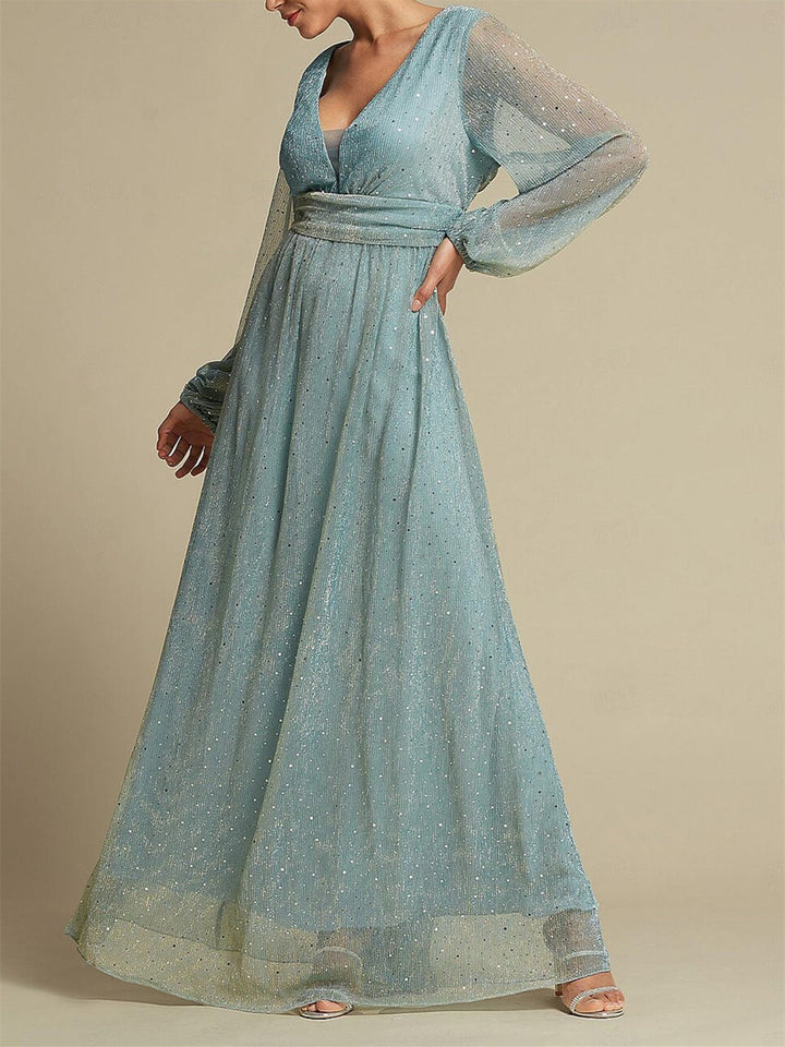 Robe de Soirée A-Line/Princess à Col en V et Manches Longues pour Invités de Mariage