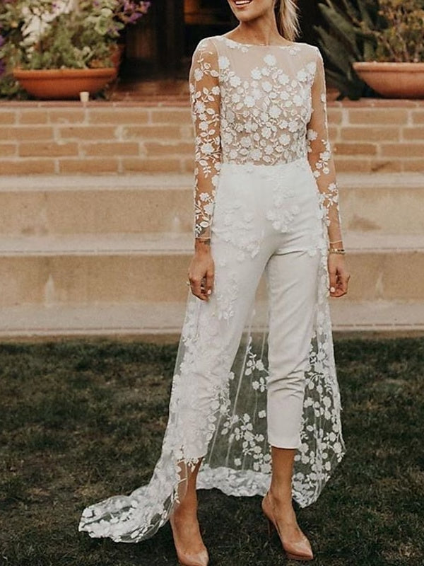 Styles de Costumes de Mariage à Manches Longues et à Col Rond avec Fleurs