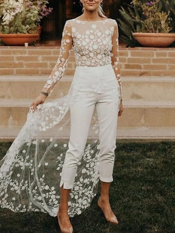 Styles de Costumes de Mariage à Manches Longues et à Col Rond avec Fleurs