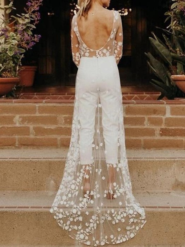 Styles de Costumes de Mariage à Manches Longues et à Col Rond avec Fleurs