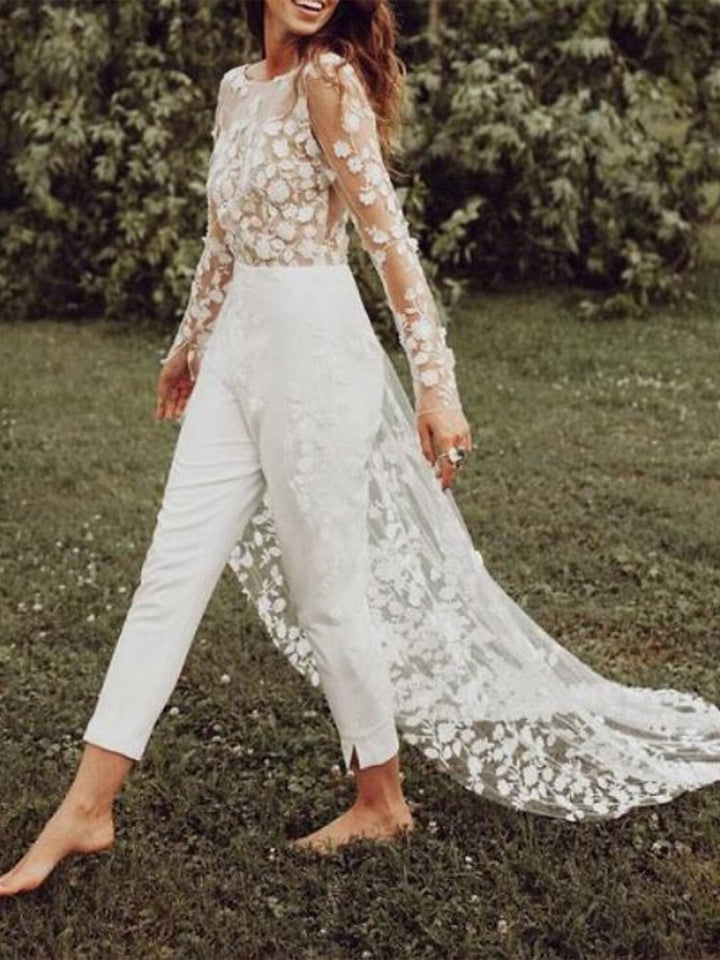 Styles de Costumes de Mariage à Manches Longues et à Col Rond avec Fleurs