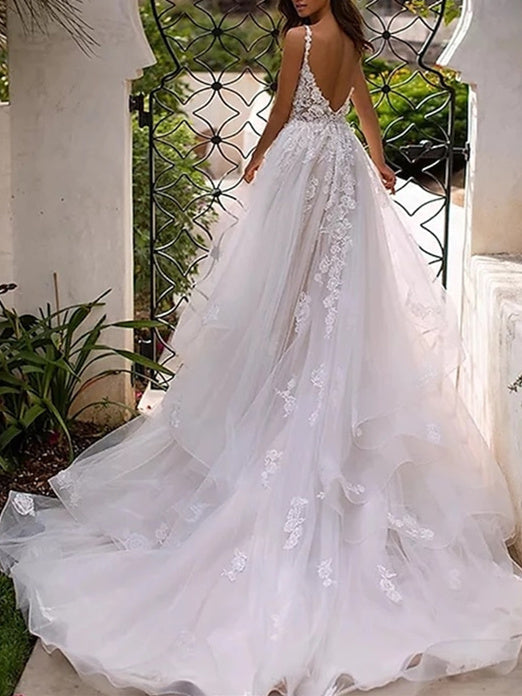 Robe de Mariée Trapèze/Princesse à Bretelles Spaghetti et Décolleté en Cœur avec Appliques