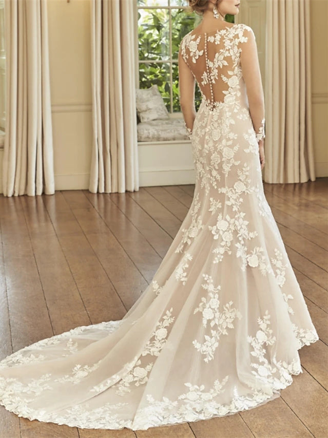 Robe de Mariée Sirène/Trompette à Col Illusion et Manches Longues avec Traîne et Broderie