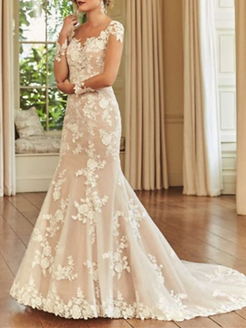 Robe de Mariée Sirène/Trompette à Col Illusion et Manches Longues avec Traîne et Broderie