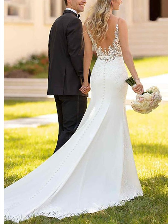 Robe de Mariée Sirène/Trompette à Col en V Sans Manches et Traîne avec Appliques