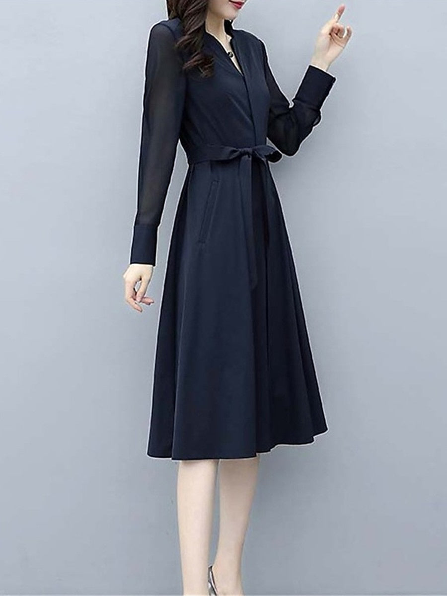 Robe D'Invitée de Mariage Mi-Longue à Manches Longues et Col en V de Forme Trapèze/Princesse