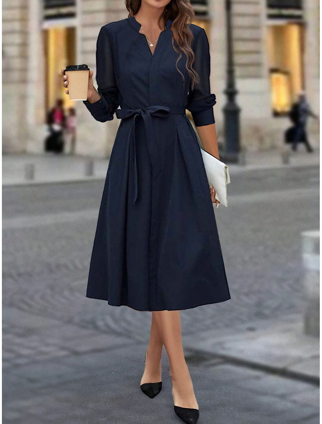 Robe D'Invitée de Mariage Mi-Longue à Manches Longues et Col en V de Forme Trapèze/Princesse