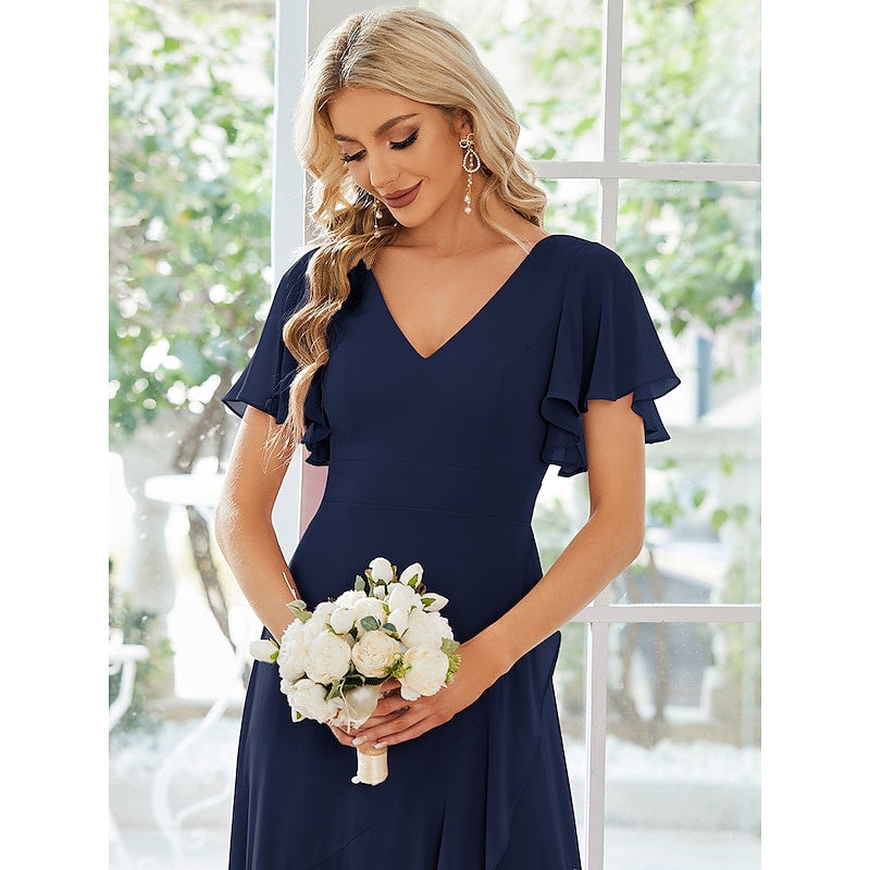 Robe de Mariée Asymétrique à Manches Courtes et Col en V de Forme Princesse