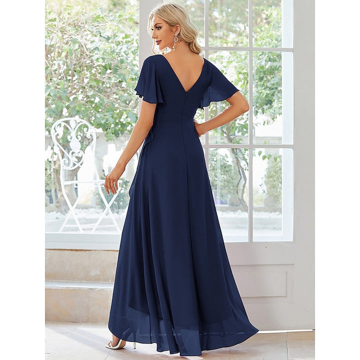 Robe de Mariée Asymétrique à Manches Courtes et Col en V de Forme Princesse