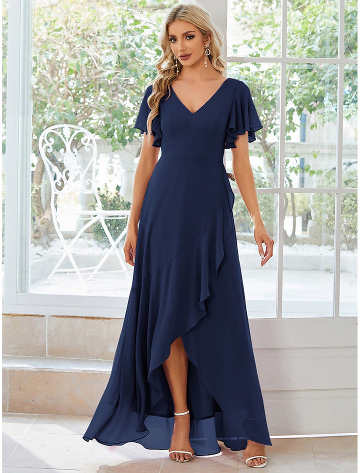Robe de Mariée Asymétrique à Manches Courtes et Col en V de Forme Princesse