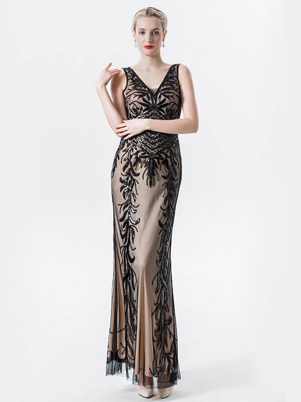 Robe Vintage Sans Manches à Col en V Sirène/Trompette avec Paillettes