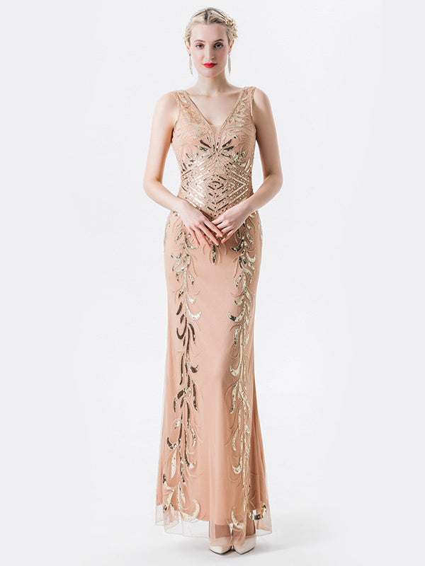 Robe Vintage Sans Manches à Col en V Sirène/Trompette avec Paillettes