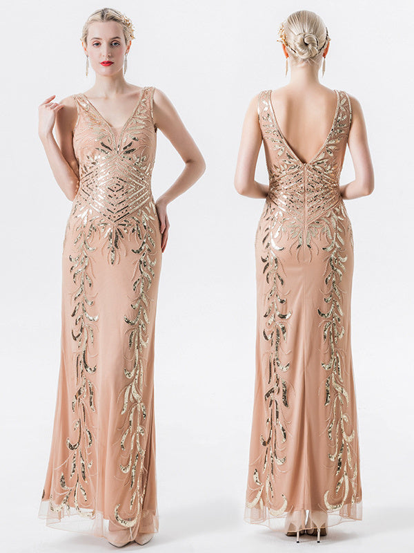 Robe Vintage Sans Manches à Col en V Sirène/Trompette avec Paillettes