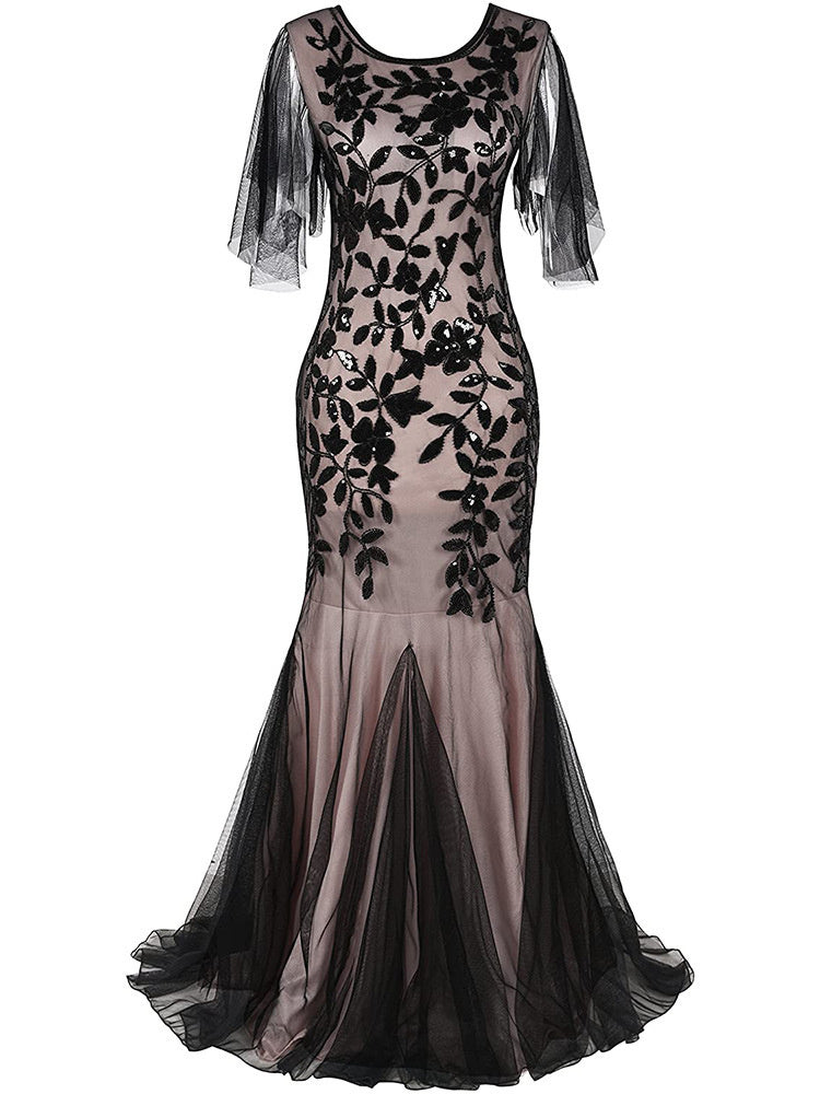 Robe Vintage Sirène/Trompette à Manches Courtes et Col Bijou avec Paillettes