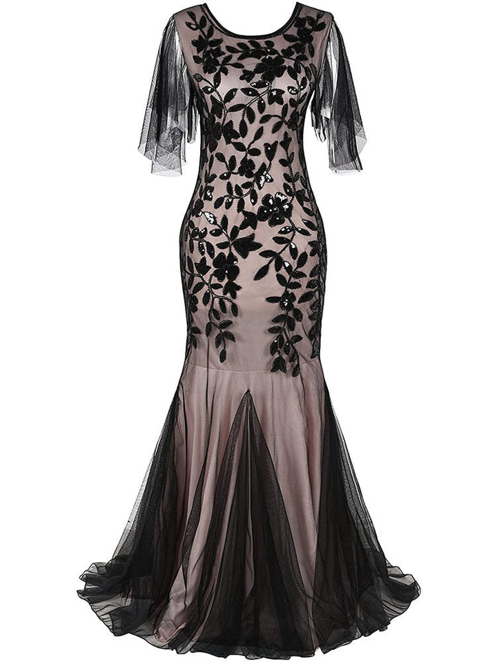 Robe Vintage Sirène/Trompette à Manches Courtes et Col Bijou avec Paillettes