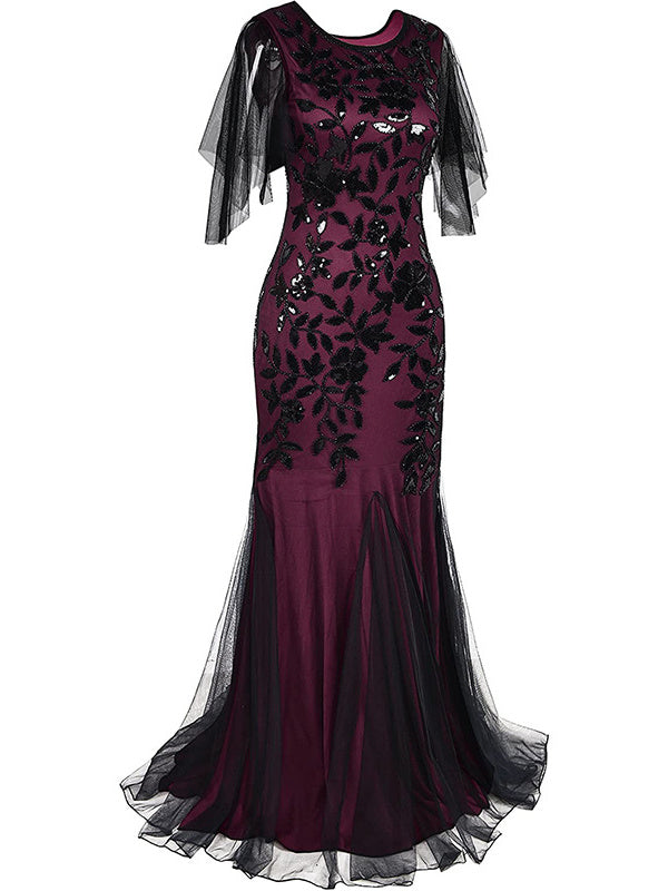 Robe Vintage Sirène/Trompette à Manches Courtes et Col Bijou avec Paillettes