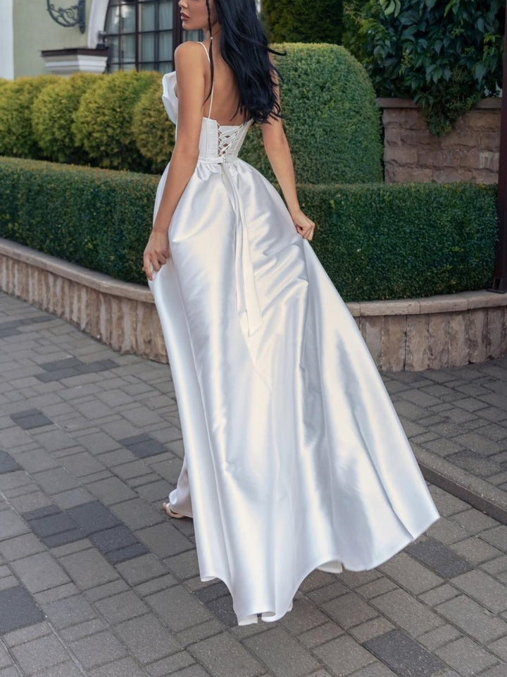 Robe de Mariée Trapèze/Princesse à Bretelles Spaghetti Sans Manches et Longueur Au Sol avec Nœud