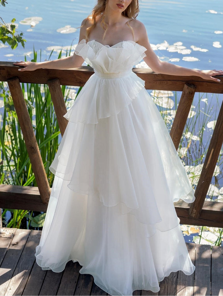 Robe de Mariée Trapèze/Princesse Sans Manches, Longueur Au Sol, Sans Bretelles, avec Volants