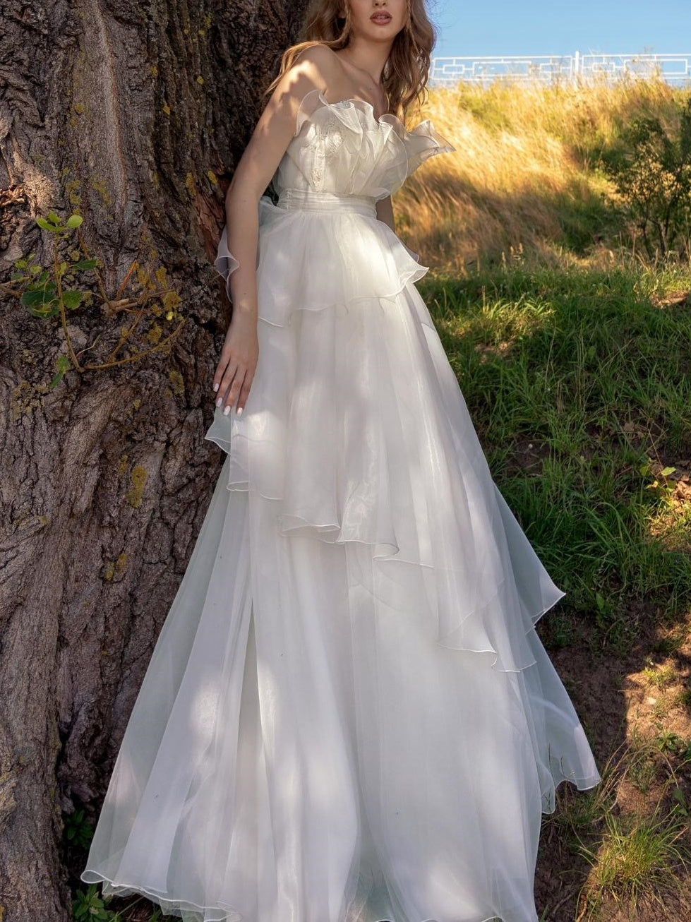 Robe de Mariée Trapèze/Princesse Sans Manches, Longueur Au Sol, Sans Bretelles, avec Volants
